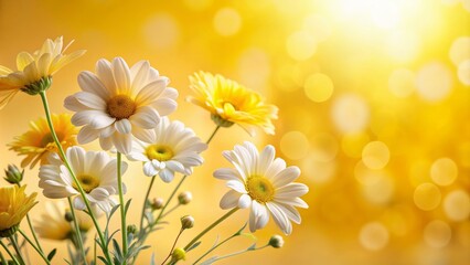 Wall Mural - White Daisies on a Golden Bokeh Background, Close-Up, Flowers, Nature, Summer , daisy , bokeh