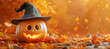 © AISTEL - 3d render of cute cartoon halloween character jack-o'-lantern with witch hat isolated on orange background.