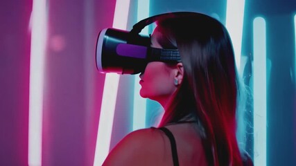 Poster - A woman wearing a virtual reality headset stands in front of a wall of neon lights, moving her hands as if interacting with something in the virtual world.