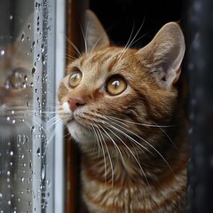 Wall Mural - Ginger Cat Looking Out Window With Raindrops