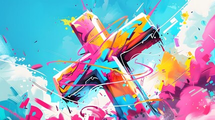 Wall Mural - Emotive Easter cross graffiti artwork, viewed from a distance to capture the entire scene. The dynamic, bold spray paint strokes embody the raw power of street art, graffiti