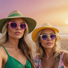 Two Stylish Women Taking a Selfie in Sun Hats and Sunglasses During a Beautiful Beach Sunset