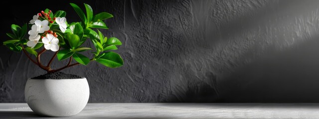 Wall Mural -  A potted white-flowered plant with green leaves in a pristine white vase, placed on an immaculate white table, against a backdrop of a black wall