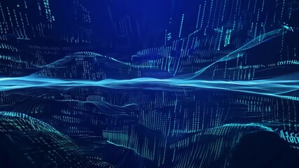Poster - A digital wave pattern with a blue background and white light streaks.