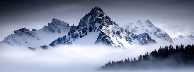 Wall Mural -  A very tall mountain, covered in snow, looms large in the foreground, enshrouded by a foggy layer In the nearer distance, a pine forest stands