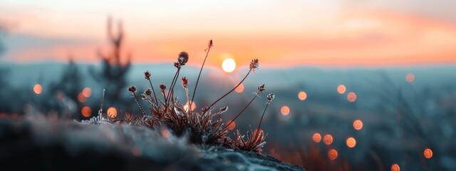 Canvas Print -  A close-up of a plant with the sun setting in the distance over a body of water