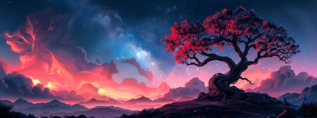 a tree atop a mountain against a backdrop of star-filled night sky, with a pink and blue dawn approa