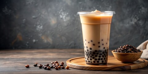 Closeup of Iced Boba Tea with Coffee Beans in a Wooden Bowl, Taiwanese Boba Tea, Bubble Tea, Tea Drinks, Coffee