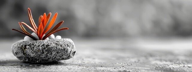 Wall Mural -  A small potted plant atop a gray rock beside a black-and-white tree image