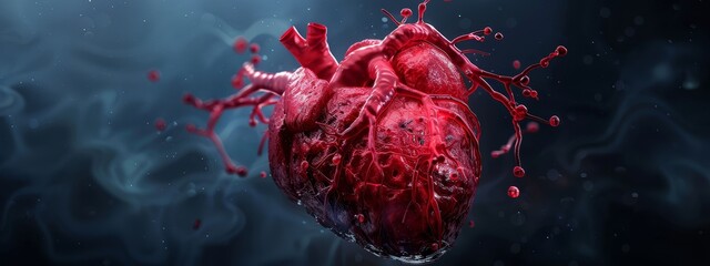 Wall Mural -  A computed tomography  rendering of a human heart with blood ejection and exiting vessels, specifically coronary arteries and