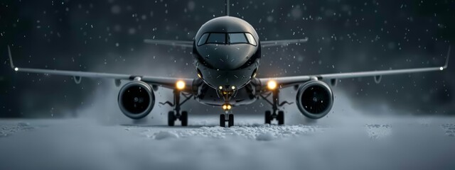 Canvas Print -  A large jetliner rests atop the snow-dusted airport tarmac, snowflakes gently cascading down its sides