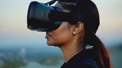 Poster - A woman wearing a virtual reality headset looks upwards, seemingly immersed in a virtual world.