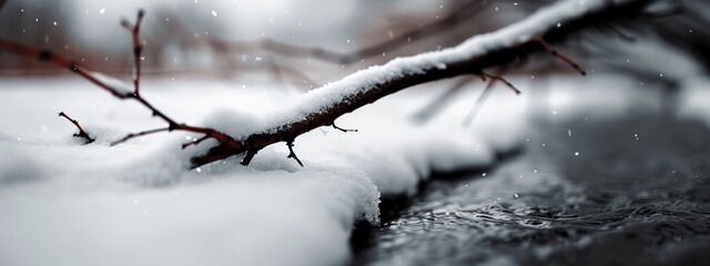  A branch with snow up close, dripping water drops before a hazy backdrop