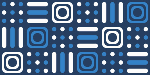 Fototapete - Checkerboard pattern of blue squares, dots, triple lines. Alternating tile pattern, repeating pattern.