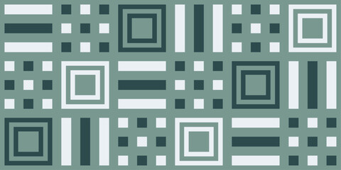 Poster - Checkerboard pattern of blue squares, dots, triple lines. Green background and repeating patterns.