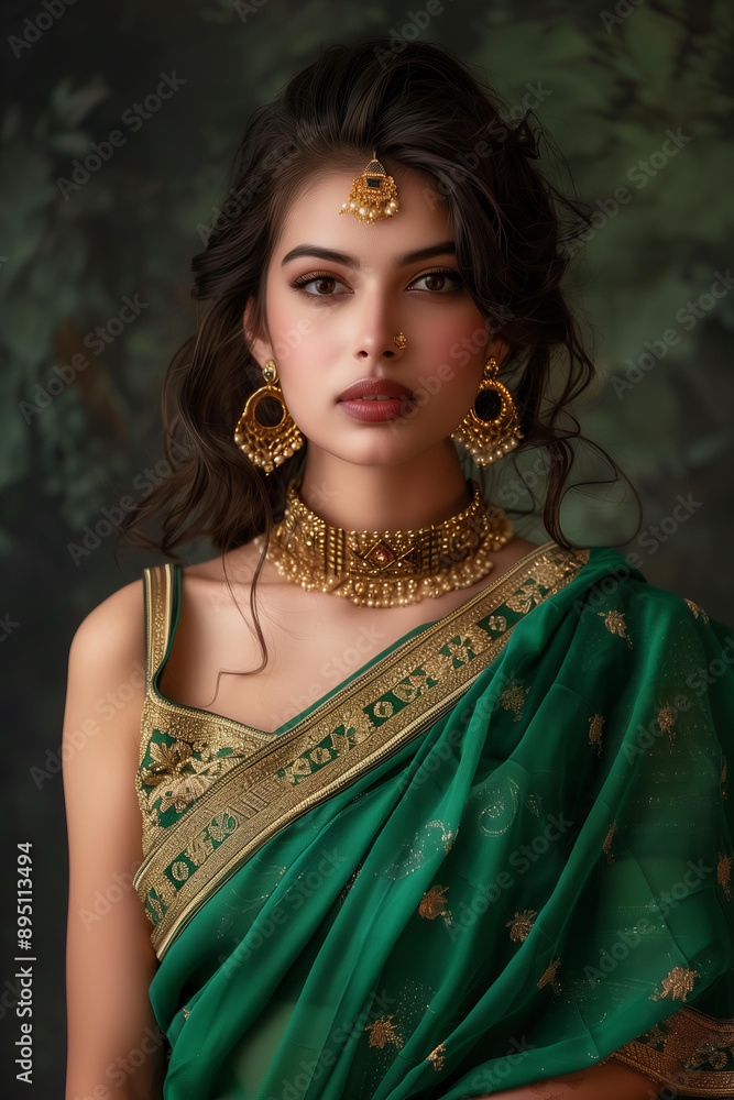 Beautiful Indian woman in an emerald green saree and wearing golden ...