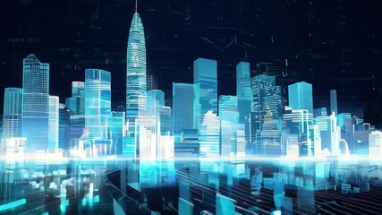 Poster - A digital rendering of a city at night, showcasing tall skyscrapers illuminated by neon blue lights. The buildings are reflected in a shimmering water surface.