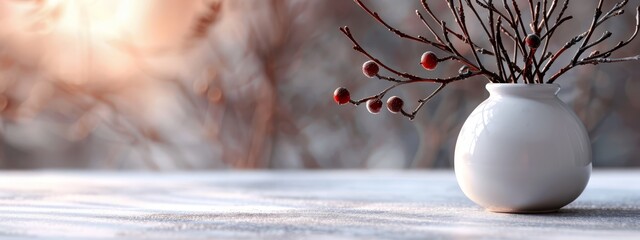 Sticker -  A white vase, brimming with red berries, rests atop snow-covered ground Nearby, a branch heavy with red berries extends