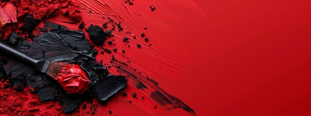 Wall Mural -  A red and black brush atop a stack of black and red paint on a scarlet surface against a reddish backdrop