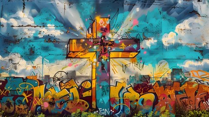 Wall Mural - Emotive Easter cross graffiti artwork, viewed from a distance to capture the entire scene. The dynamic, bold spray paint strokes embody the raw power of street art, graffiti