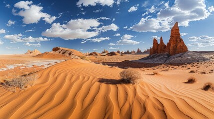 Sticker - A panoramic view of the desert landscape with red sand dunes and towering rock formations