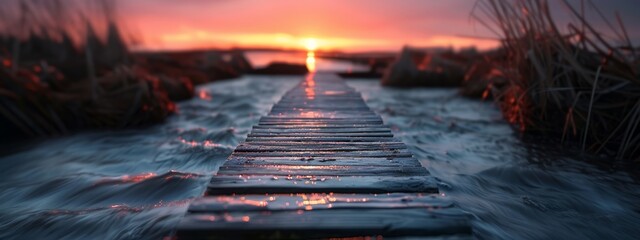 Poster -  The sun sets over water, ending the walkway - wooden and partly submerged