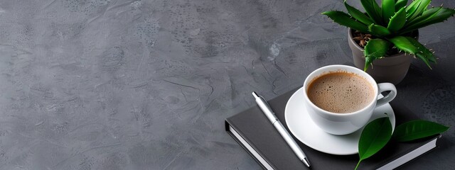 Wall Mural -  A cup of coffee on a saucer, next to a book and a plant on a table