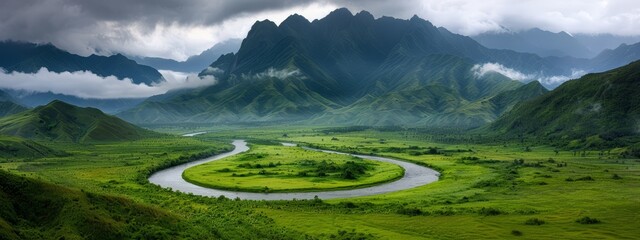 Sticker -  A verdant valley, river winding through its heart, mountain range backdrop with clouds above