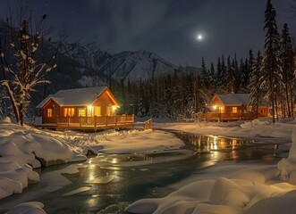 Two illuminated cabins nestled on a snowy riverbank under a starlit sky