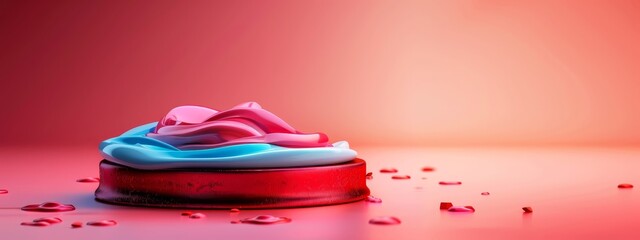 Sticker -  A red, white, and blue cake sits atop a cake tin on a pink and red tablecloth