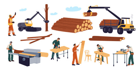 Wall Mural - Carpenters and woodworkers. Wood processing. Industrial characters. Professional craftsmen with workshop tools. Logging and furniture manufacturing. Trees deforestation. Garish vector set