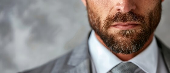 Wall Mural -  A tight shot of a bearded man in a gray suit, white shirt, and gray tie