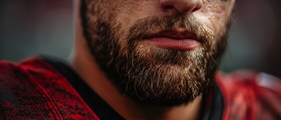 Wall Mural -  A tight shot of a bearded man in a red shirt with a black collar