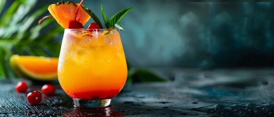 Poster -  A tight shot of a drink inside a glass, adorned with a garnish at the rim