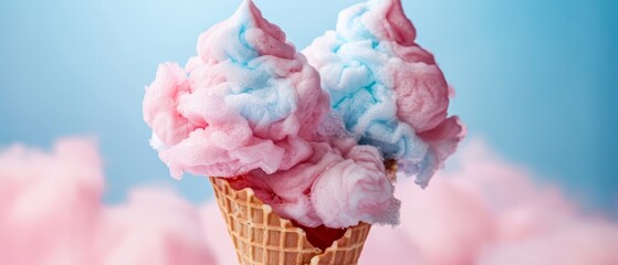 Sticker -  A pink-and-blue ice cream cone atop a blue-and-pink cloud-filled cone against a blue-pink background