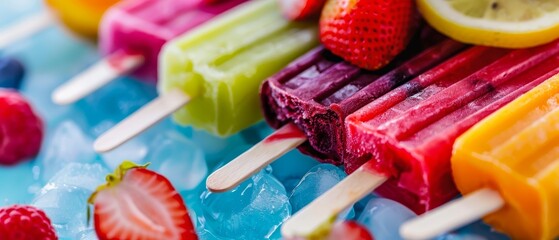 Wall Mural -  A tight shot of popsicles - strawberry and lemon flavored - against a blue backdrop Other popsicles and strawberries accompany them in this frame