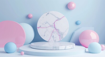 Minimal 3D rendering illustration of round marble podium with pink and blue elements on white background for product presentation showcase design. 3D Rendering Mock up