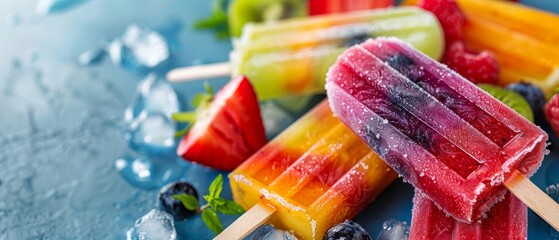 Wall Mural -  A collection of popsicles stacked on a blue surface, topped with fruits