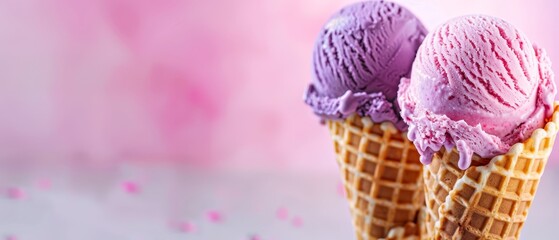 Sticker -  Two scoops of ice cream in a pink waffle cone, topped with pink and purple icing against a soft pink backdrop