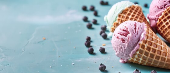 Sticker -  Three scoots of ice cream stacked high on a blue surface Blackberries pepper the area around them