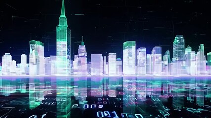 Leinwandbilder - A digital cityscape with green skyscrapers and a binary code reflection in a futuristic water.