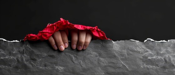 Wall Mural -  A hand rests atop a sheet of paper, its fingers gently holding down corners A red, crumpled scrap clings to the edge, protruding from the bottom