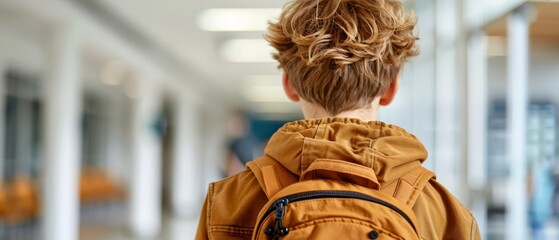 Canvas Print -  A young boy, clad in a brown jacket, faces away from the camera with a black backpack slung over his shoulders The scene shifts to a hallway inside a building, its grandi