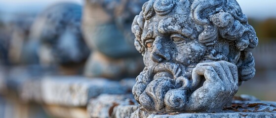 Canvas Print -  A tight shot of a man's statue face, hands covering it, surrounded by background statues