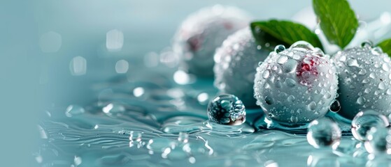 Poster -  A tight shot of a collection of fruits, each with water beads clinging to them, and a verdant leaf hovering above