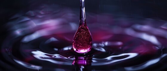 Wall Mural -  A black surface holds a water droplet filled with pink liquid Surrounding it, a swirl of purple and white unfolds