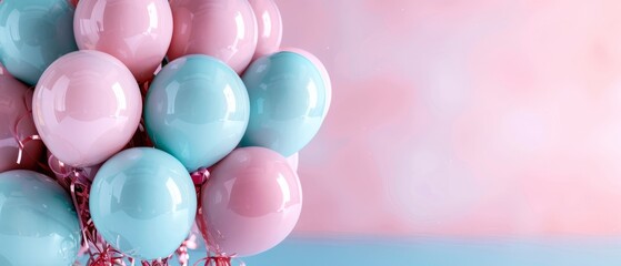 Poster -  A collection of blue and pink balloons in front of a pink and blue wall with a matching backdrop