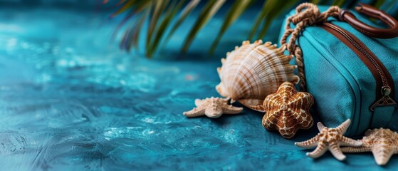 Canvas Print -  A blue suitcase atop a blue floor, surrounded by starfish and seashells