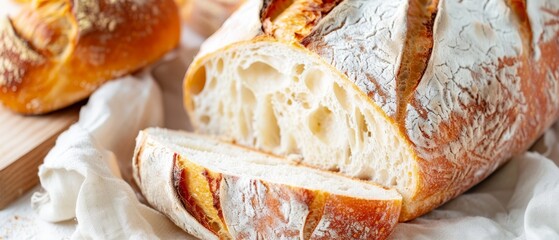 Poster -  A loaf of bread atop a paper, adjacent to a slice on a cutting board