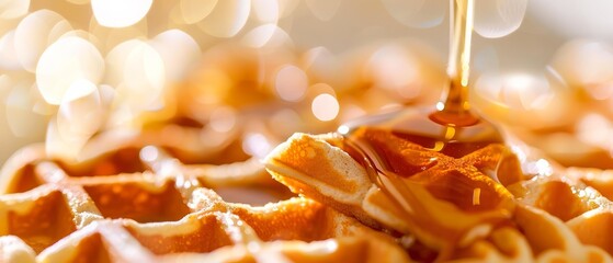 Poster -  A tight shot of a plate filled with waffles Syrup pours over them